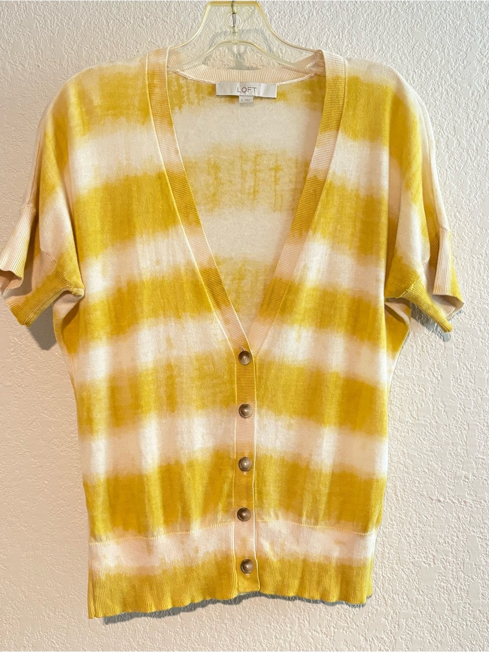 LOFT Cream and Yellow Striped Knit Cardigan